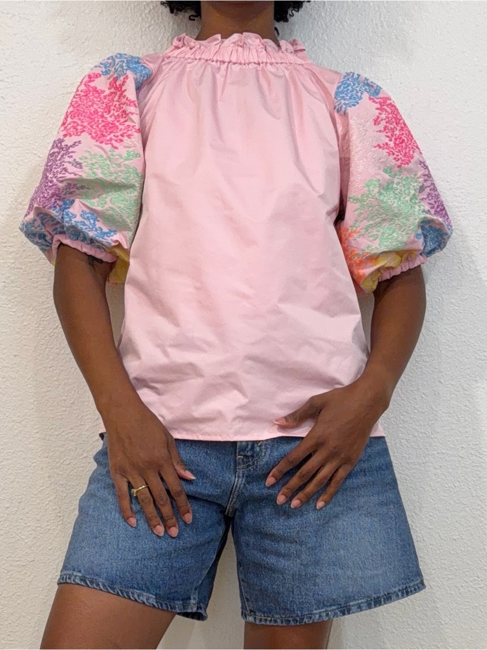 Women’s Pink Puff-Sleeve Top with Multicolor Floral Sleeves